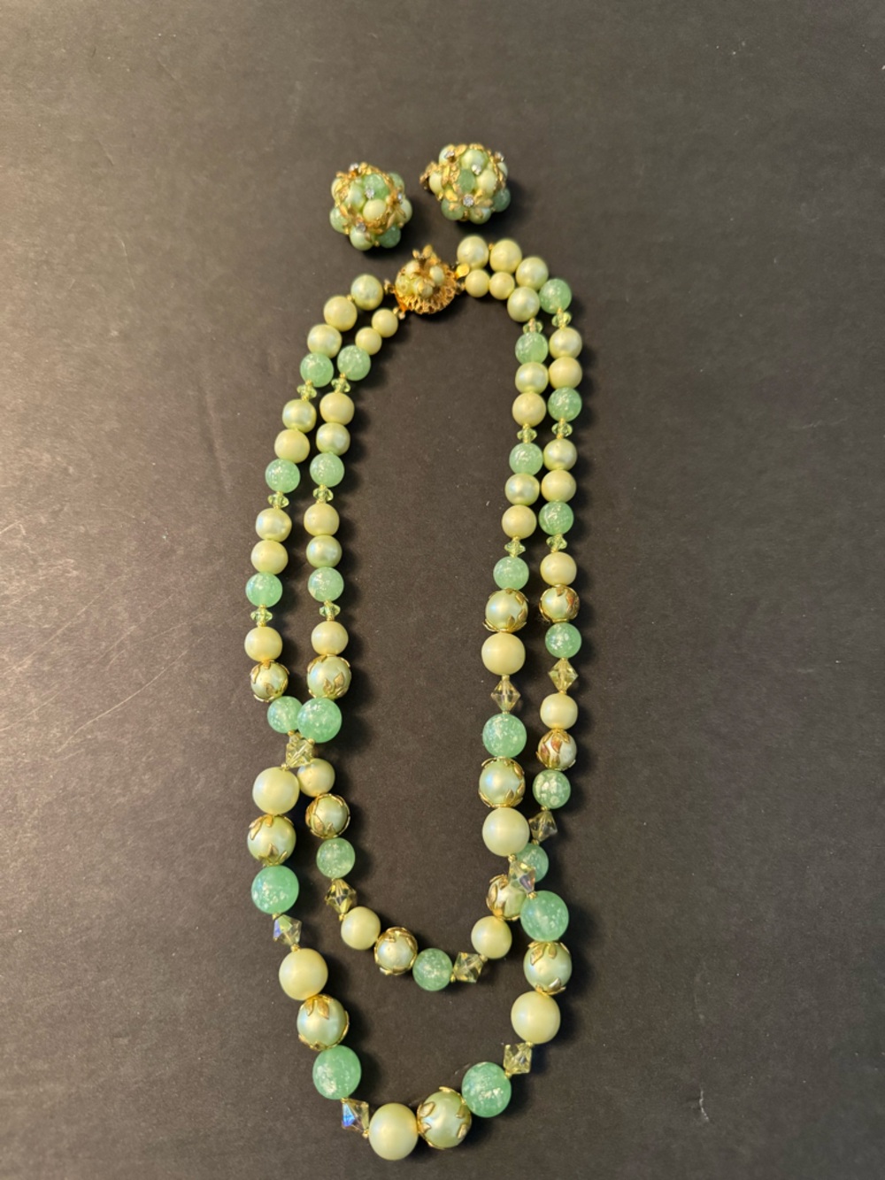 Gold-Accented Pale Green Beaded Double Strand vintage Necklace w/Matching Clips